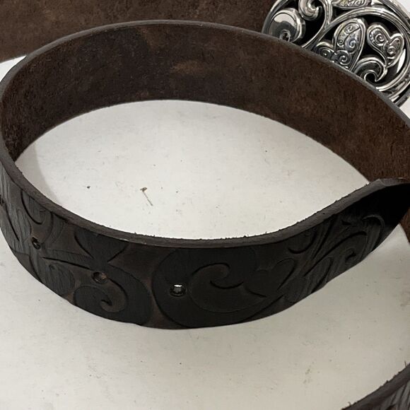 Stunning Hand Tooled Brown Leather Brighton Womens Belt Lg Buckle Hearts Size 38 - Picture 4 of 6